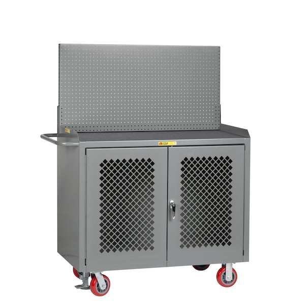 Mobile Bench Cabinets, Perf Doors, 36"W, Pegboard Panel, Vinyl Mat